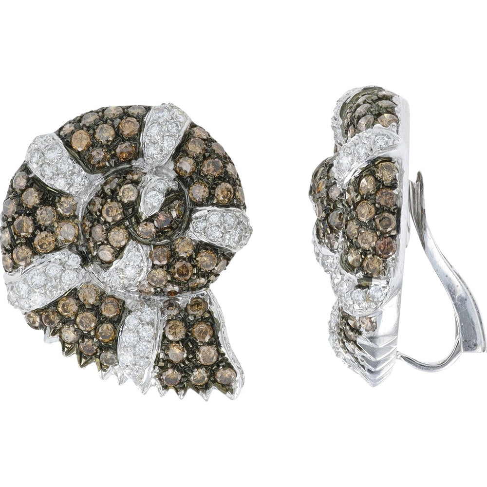 18K White Gold Stud Earrings with Pave Set White and Brown Diamond Seashell Motif - 6.00 Carat Total Diamond Weight