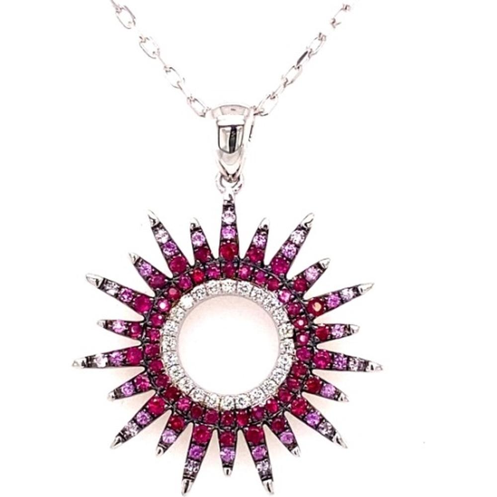 18K White Gold Sunburst Pendant with Diamonds, Rubies and Pink Sapphires by Afarin