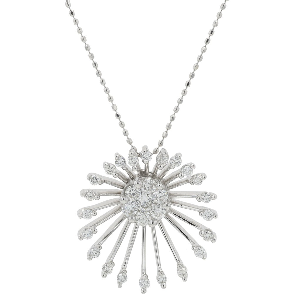 18K White Gold Sunburst Pendant with Prong and Pave Set Round Diamonds - 0.34 Carat Total Diamond Weight on an 18-Inch Chain