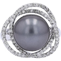 18K White Gold Tahitian Pearl Halo Ring with 0.51 Carat Total Diamond Weight