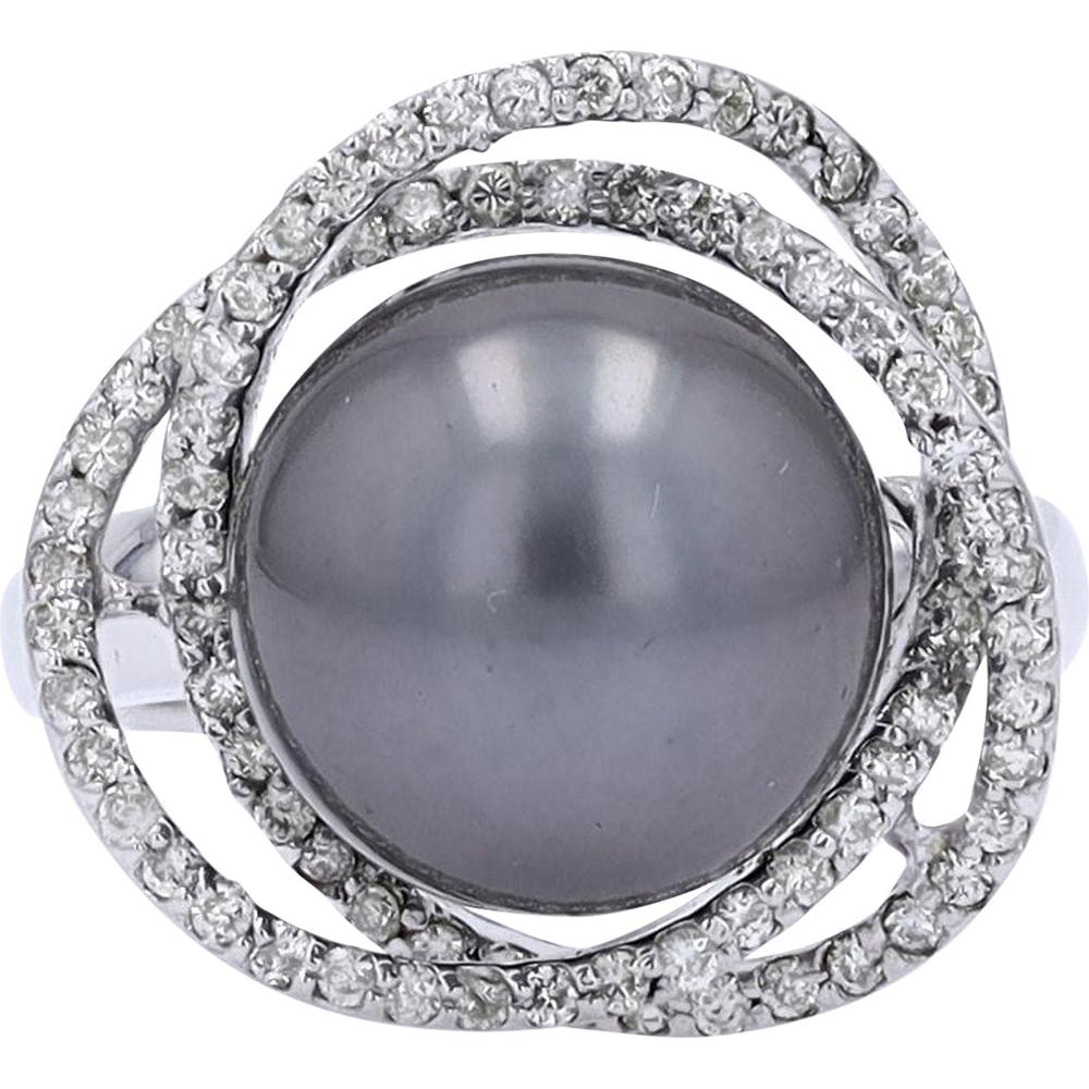 18K White Gold Tahitian Pearl Halo Ring with 0.51 Carat Total Diamond Weight