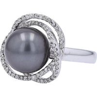 18K White Gold Tahitian Pearl Halo Ring with 0.51 Carat Total Diamond Weight