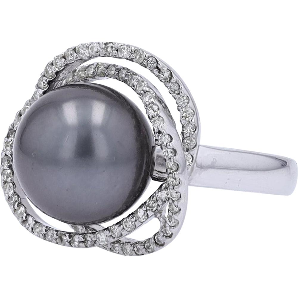 18K White Gold Tahitian Pearl Halo Ring with 0.51 Carat Total Diamond Weight