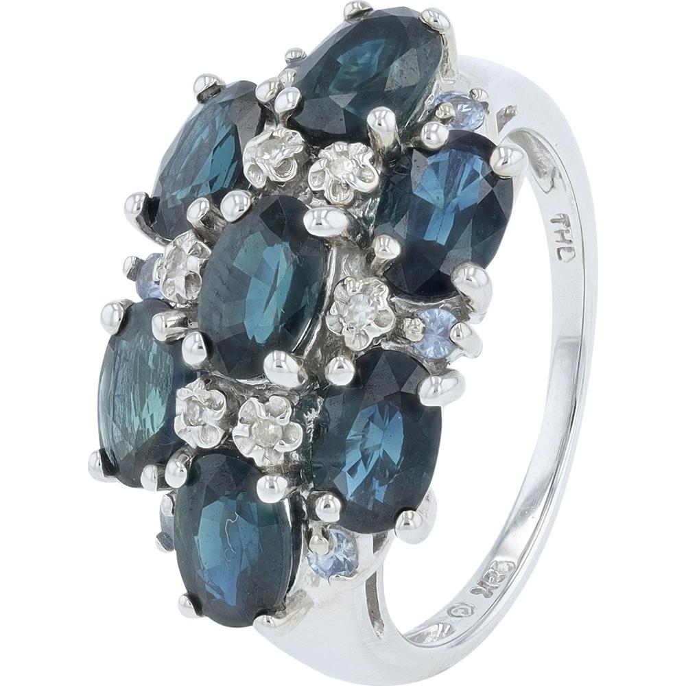 18K White Gold Tanzanite & Sapphire Cluster Ring with Diamond Accents - 3.00 Carat Total Gem Weight