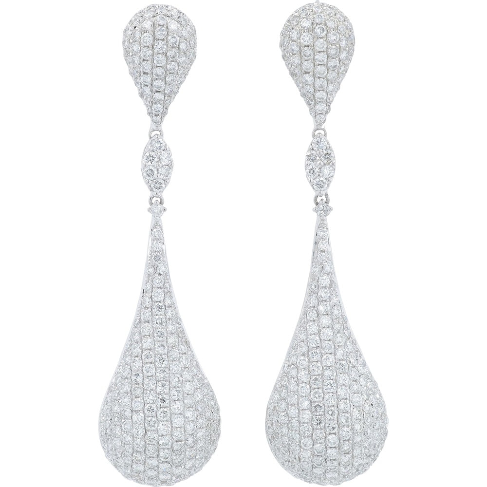 18K White Gold Teardrop Drop Earrings with Pavé-Set Round Diamonds - 5.05 Carat Total Diamond Weight