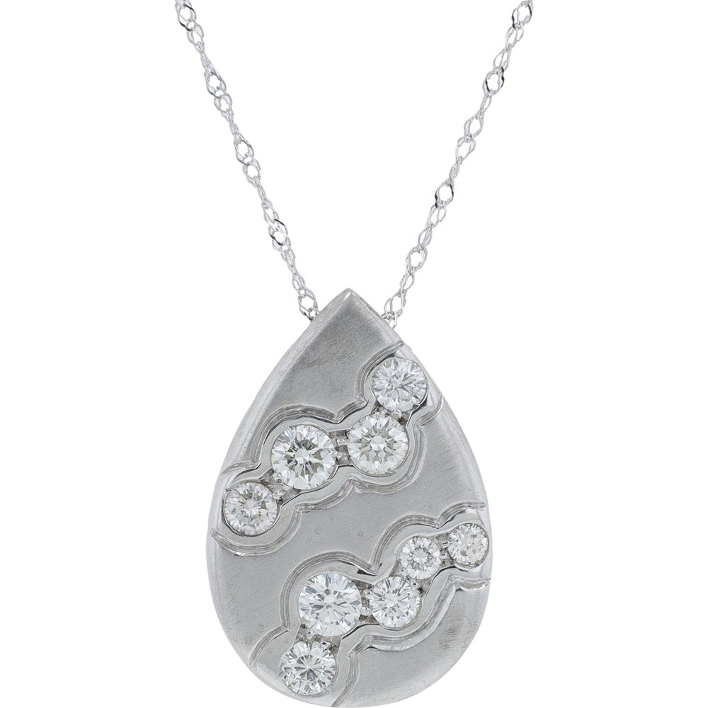 18K White Gold Teardrop Pendant with Wave-Set Round Diamonds - 0.85 Carat Total Diamond Weight