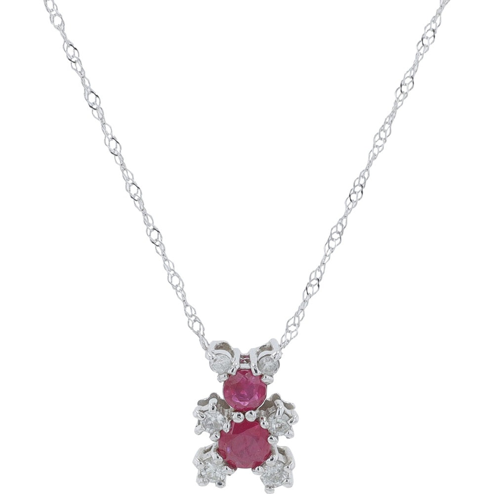 18K White Gold Teddy Bear Pendant with Round Ruby and Diamond Accents - 0.37 Carat Ruby and 0.12 Carat Total Diamond Weight