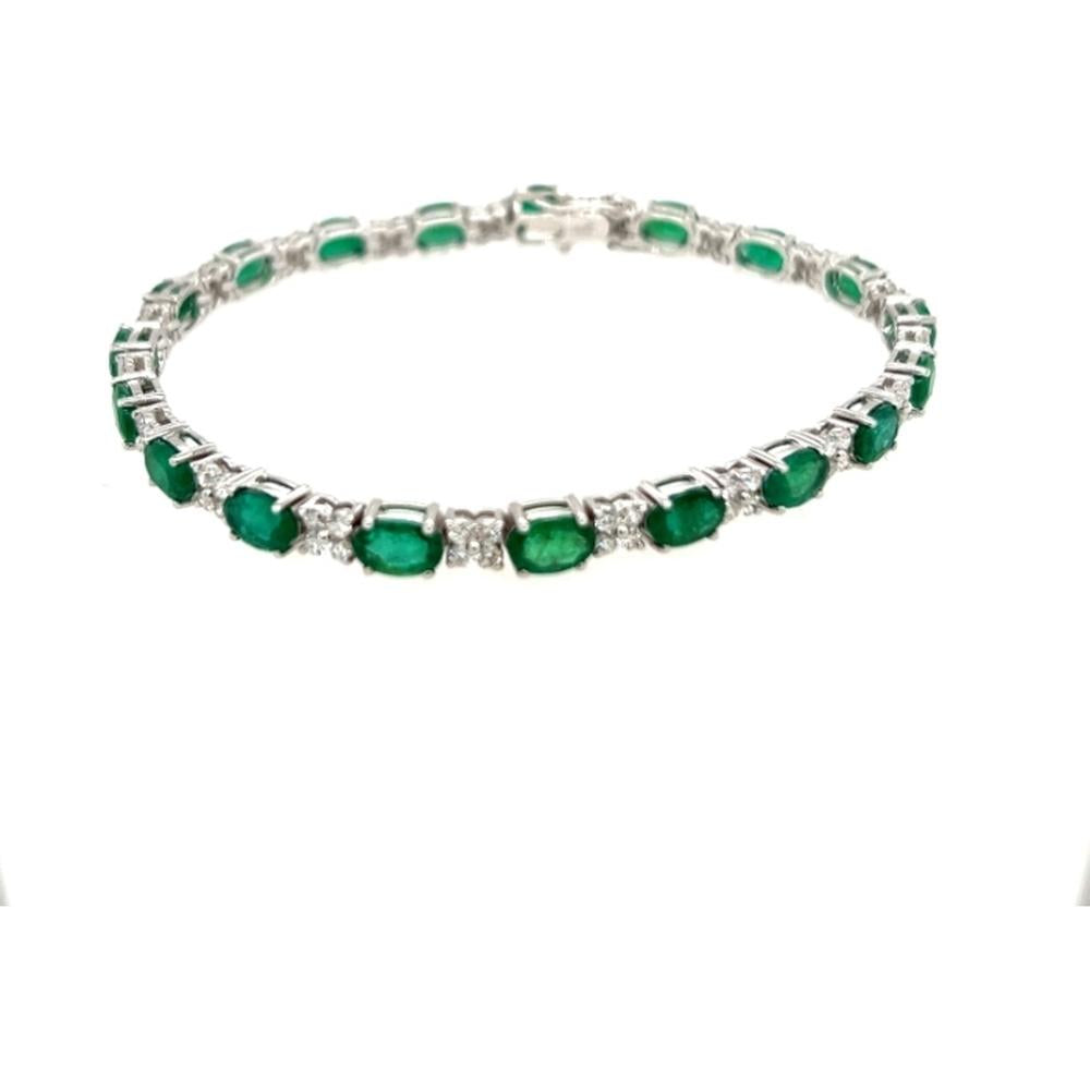 18K White Gold Tennis Bracelet with Alternating Oval Emeralds and Round Diamonds by Afarin