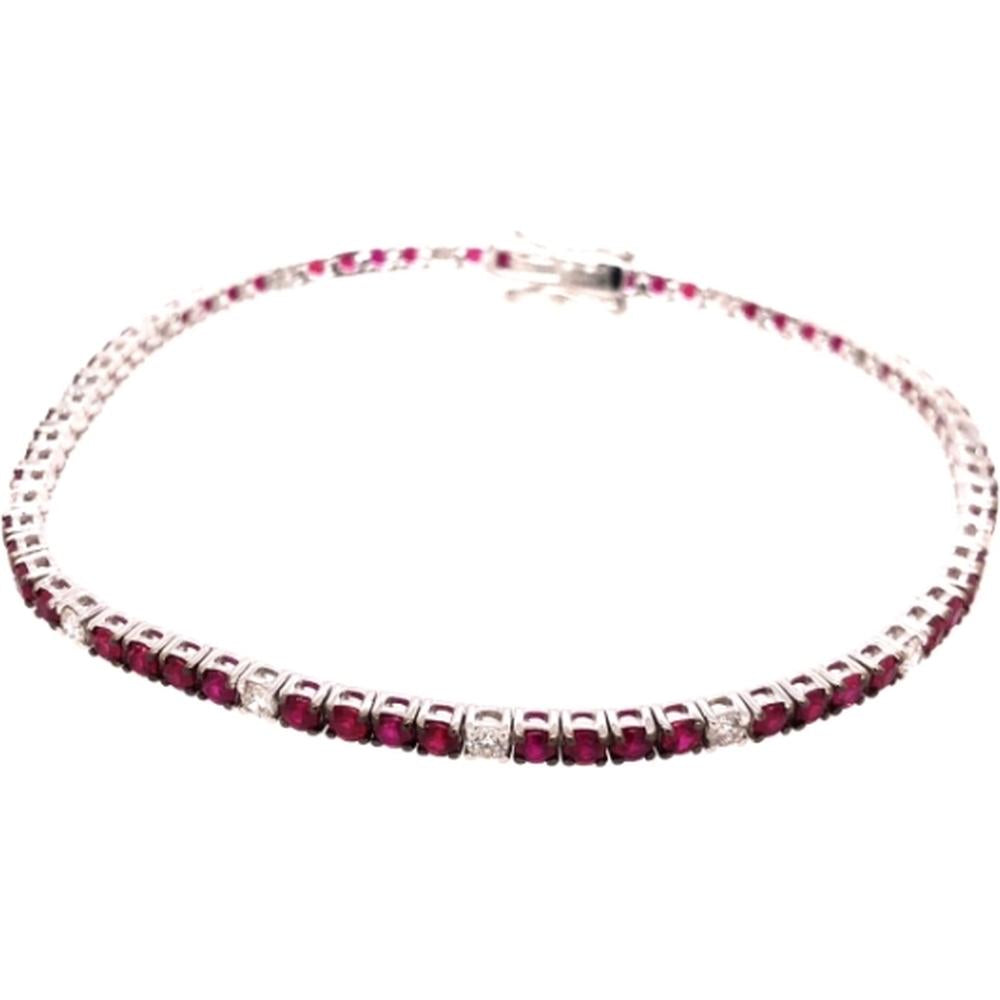 18K White Gold Tennis Bracelet with Alternating Round Rubies and Diamond Accents by Afarin