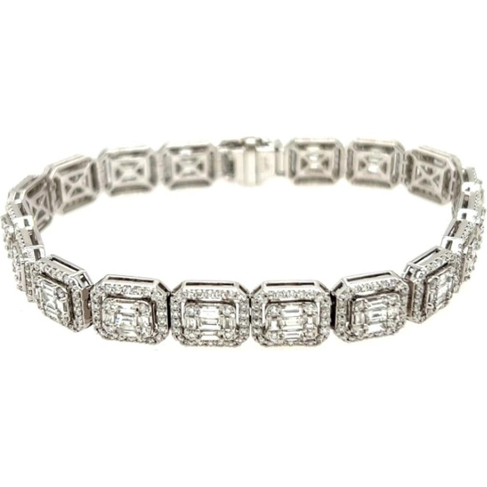 18K White Gold Tennis Bracelet with Emerald-Cut and Halo Diamonds by Afarin