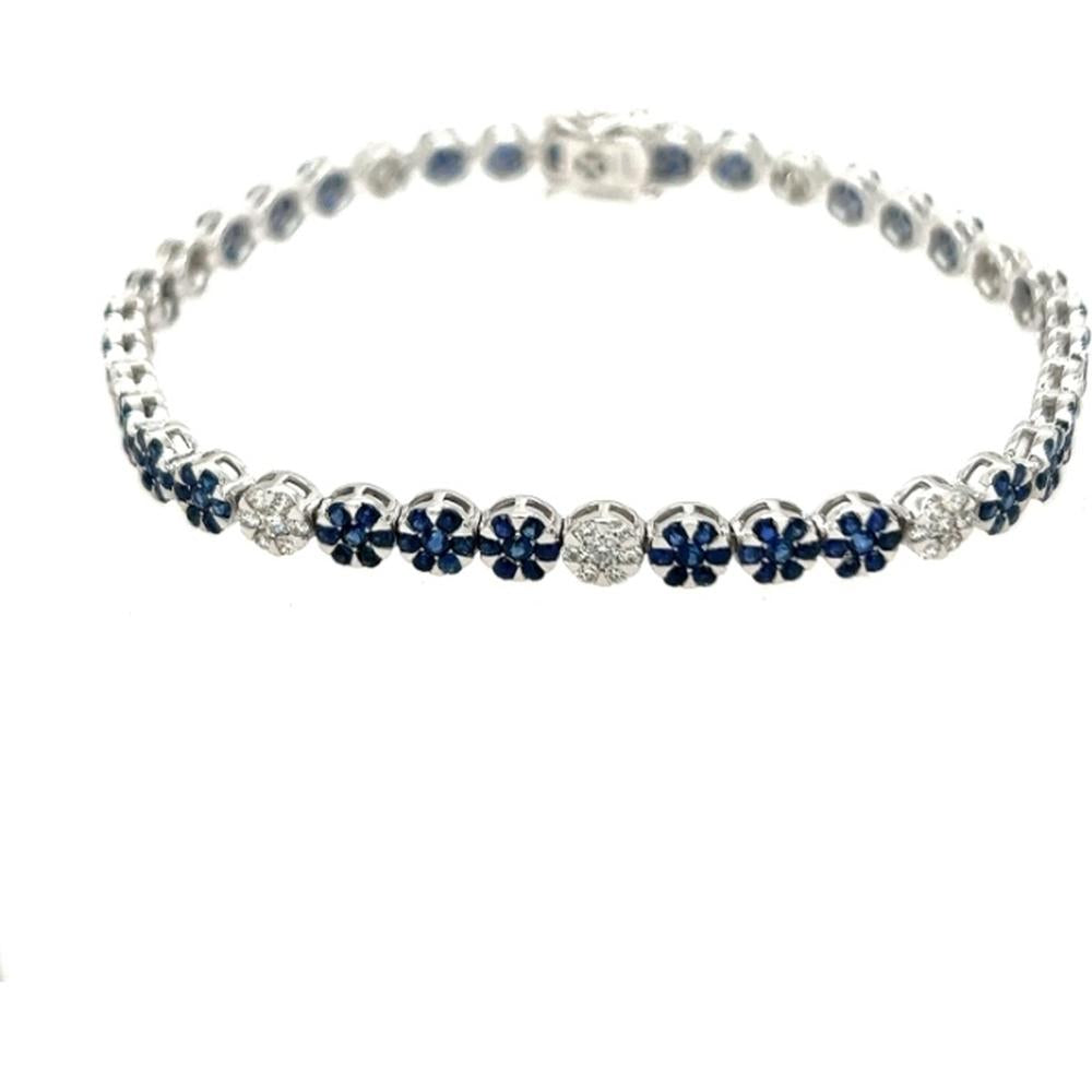 18K White Gold Tennis Bracelet with Floral Blue Sapphires and Round Diamonds by Afarin