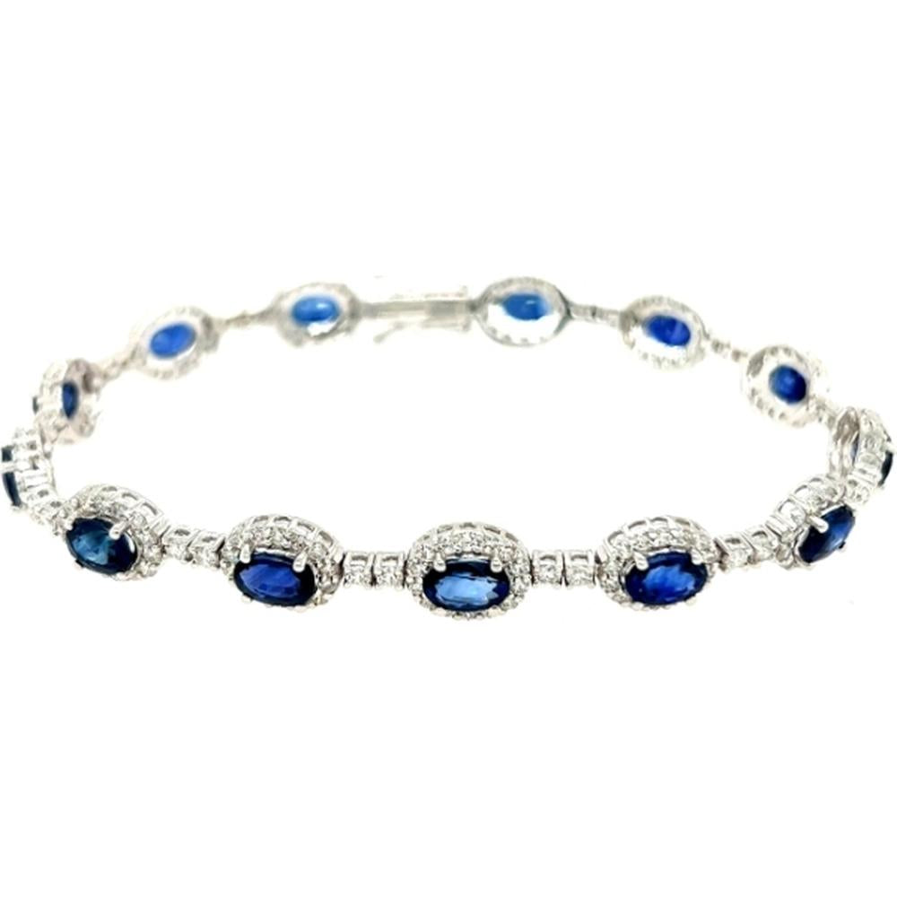 18K White Gold Tennis Bracelet with Oval Blue Sapphires and Diamond Halo Accents by Afarin