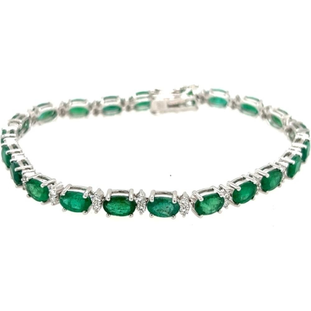 18K White Gold Tennis Bracelet with Oval Emeralds and Diamond Accents by Afarin