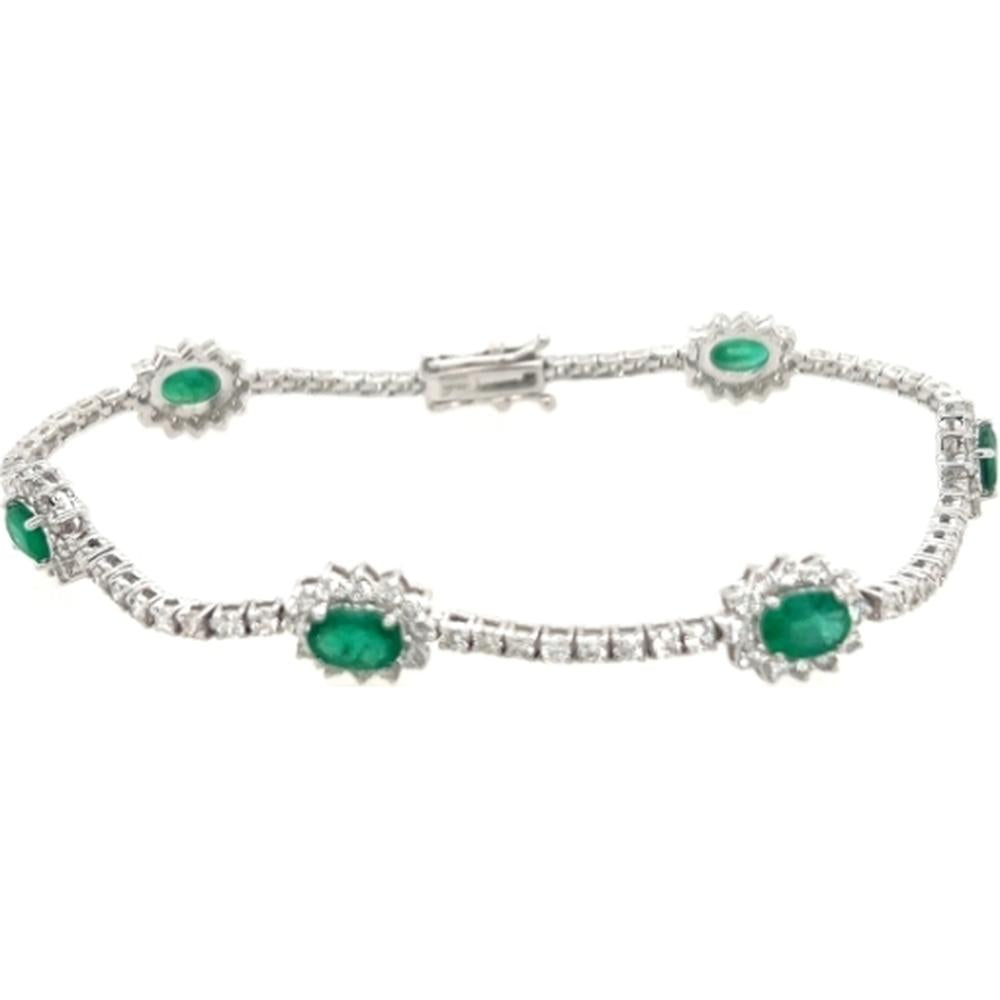 18K White Gold Tennis Bracelet with Oval Emeralds and Diamond Halo Stations by Afarin