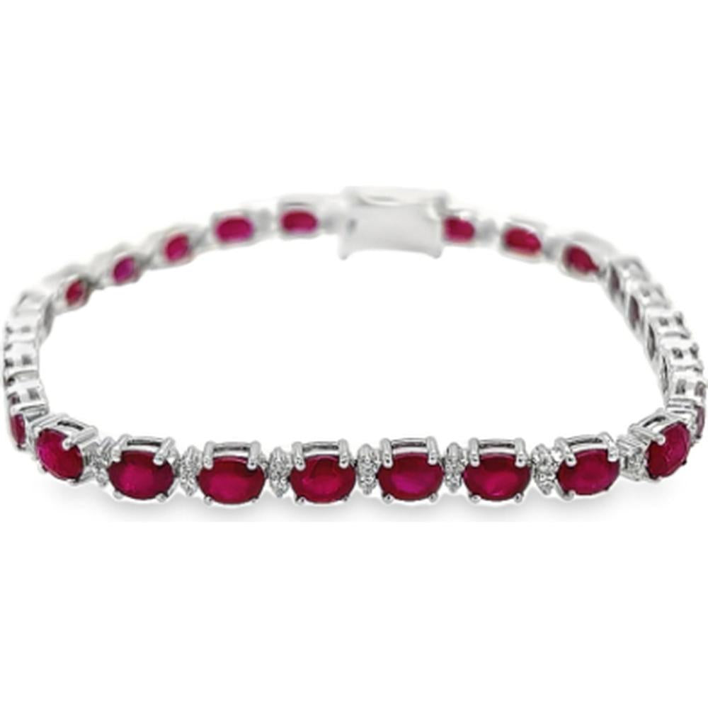 18K White Gold Tennis Bracelet with Oval Rubies and Diamond Accents by Afarin