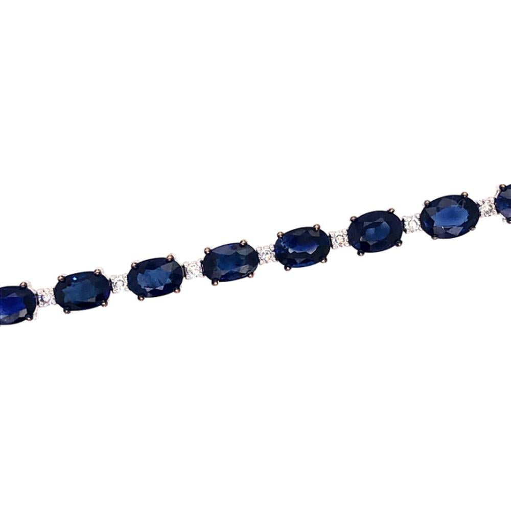 18K White Gold Tennis Bracelet with Prong-Set Oval Blue Sapphires and Diamond Accents by Afarin