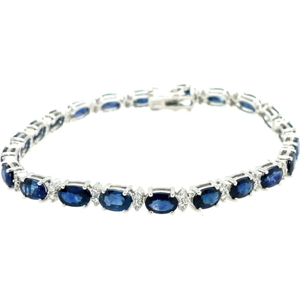 18K White Gold Tennis Bracelet with Prong-Set Oval Blue Sapphires and Diamond Accents by Afarin