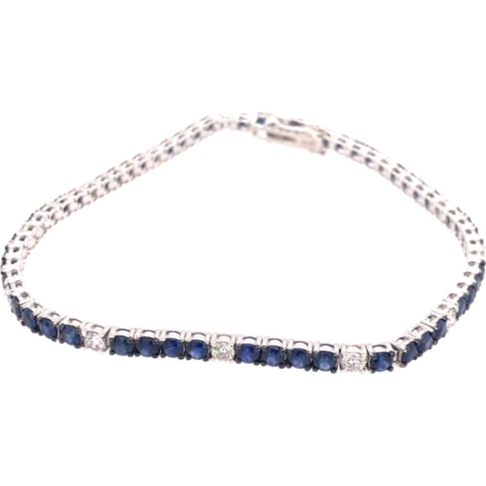 18K White Gold Tennis Bracelet with Round Blue Sapphires and Diamond Accents by Afarin