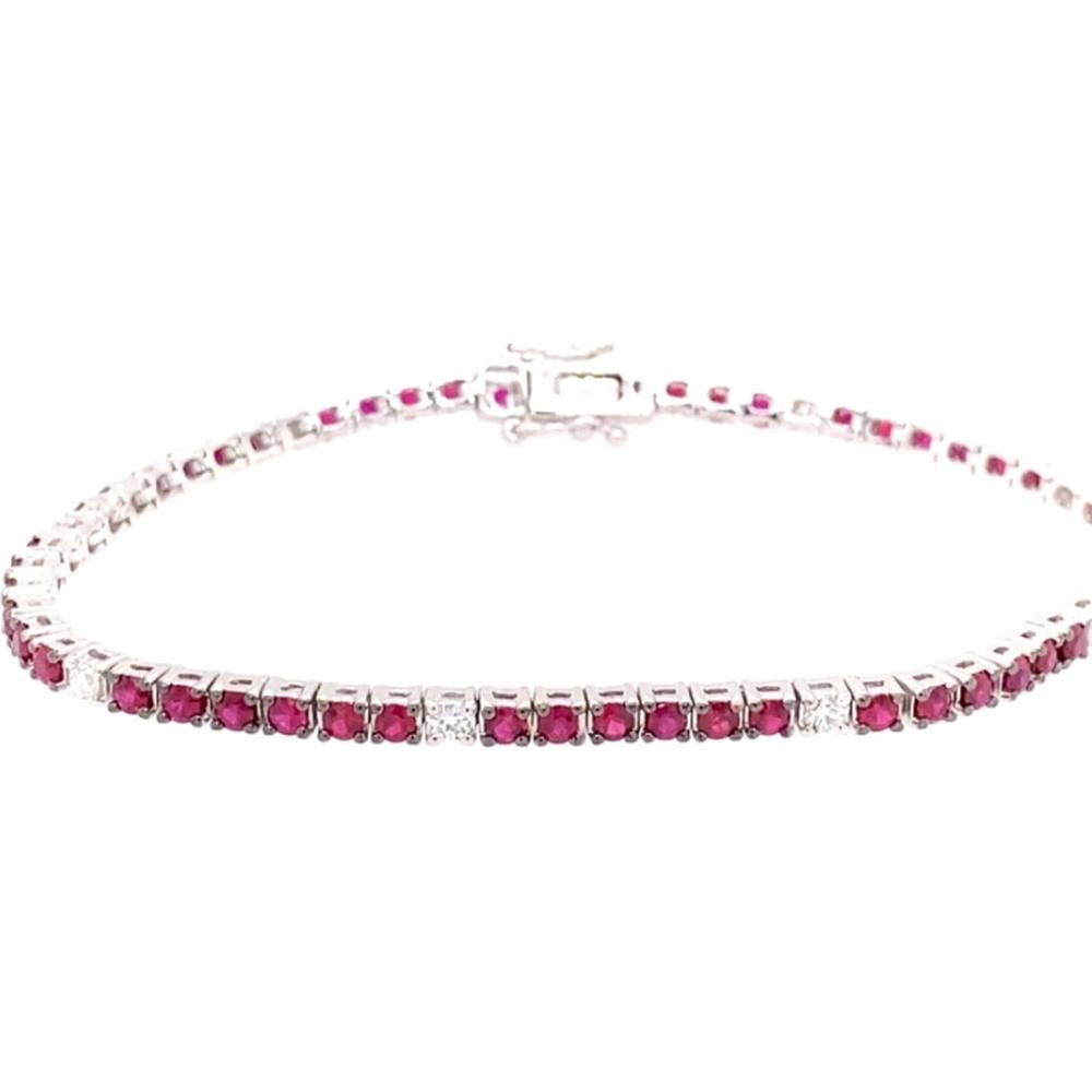 18K White Gold Tennis Bracelet with Round Rubies and Diamond Accent Stations by Afarin