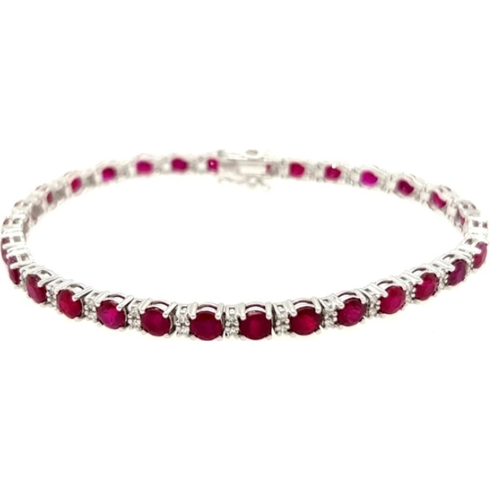 18K White Gold Tennis Bracelet with Round Rubies and Diamond Accents by Afarin