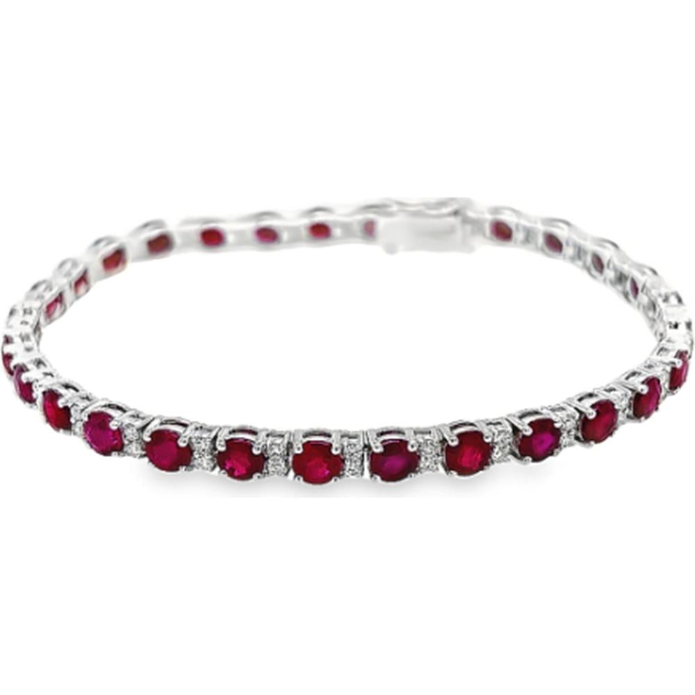 18K White Gold Tennis Bracelet with Round Rubies and Diamond Accents by Afarin
