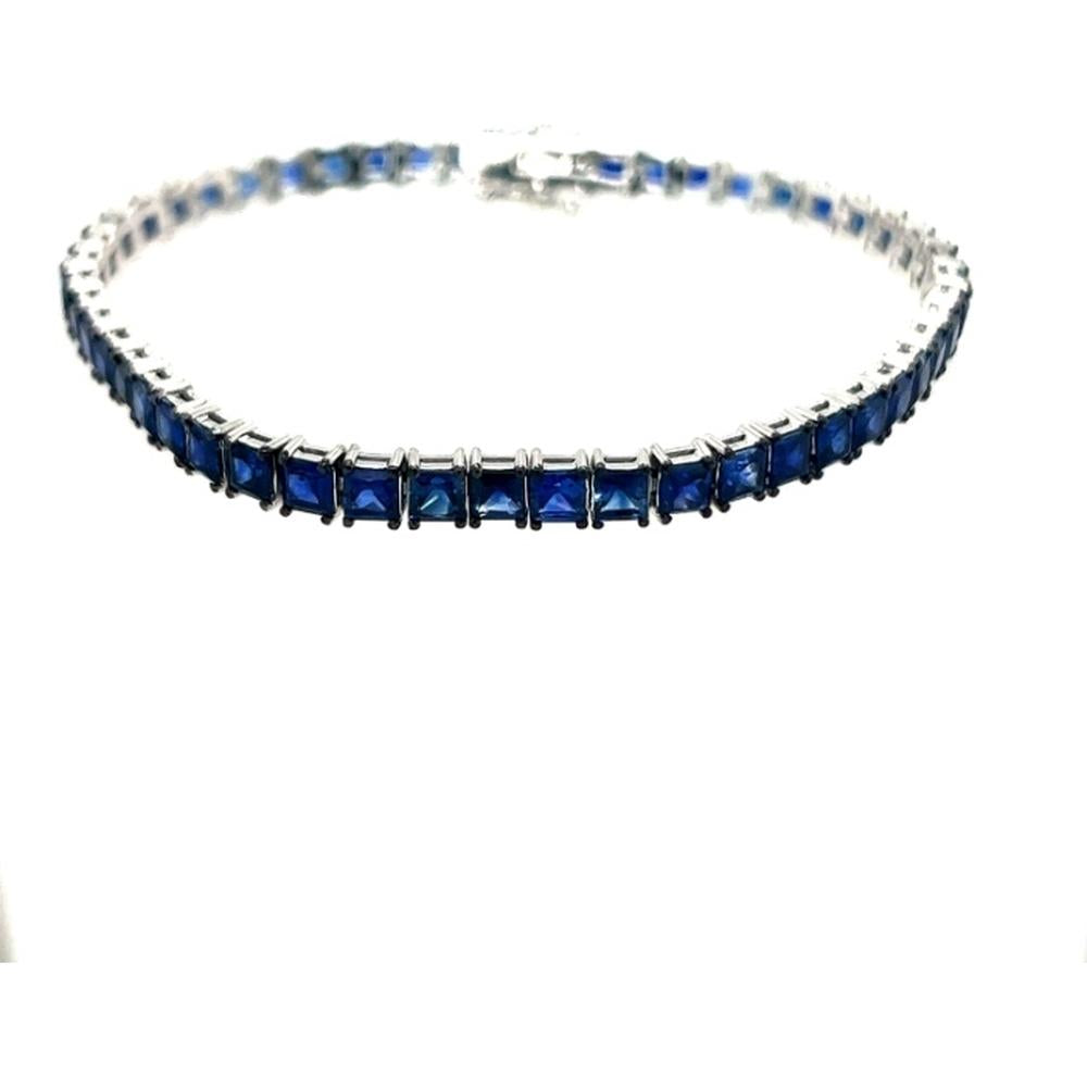 18K White Gold Tennis Bracelet with Square Blue Sapphires by Afarin