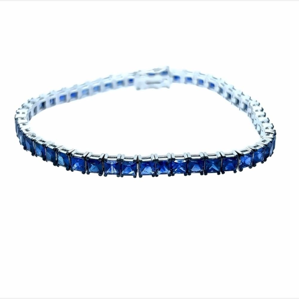 18K White Gold Tennis Bracelet with Square Blue Sapphires by Afarin