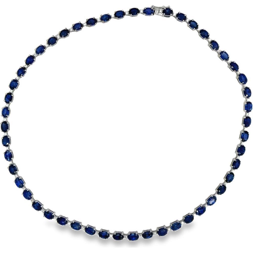 18K White Gold Tennis Necklace with Oval Blue Sapphires and Diamond Accents by Afarin