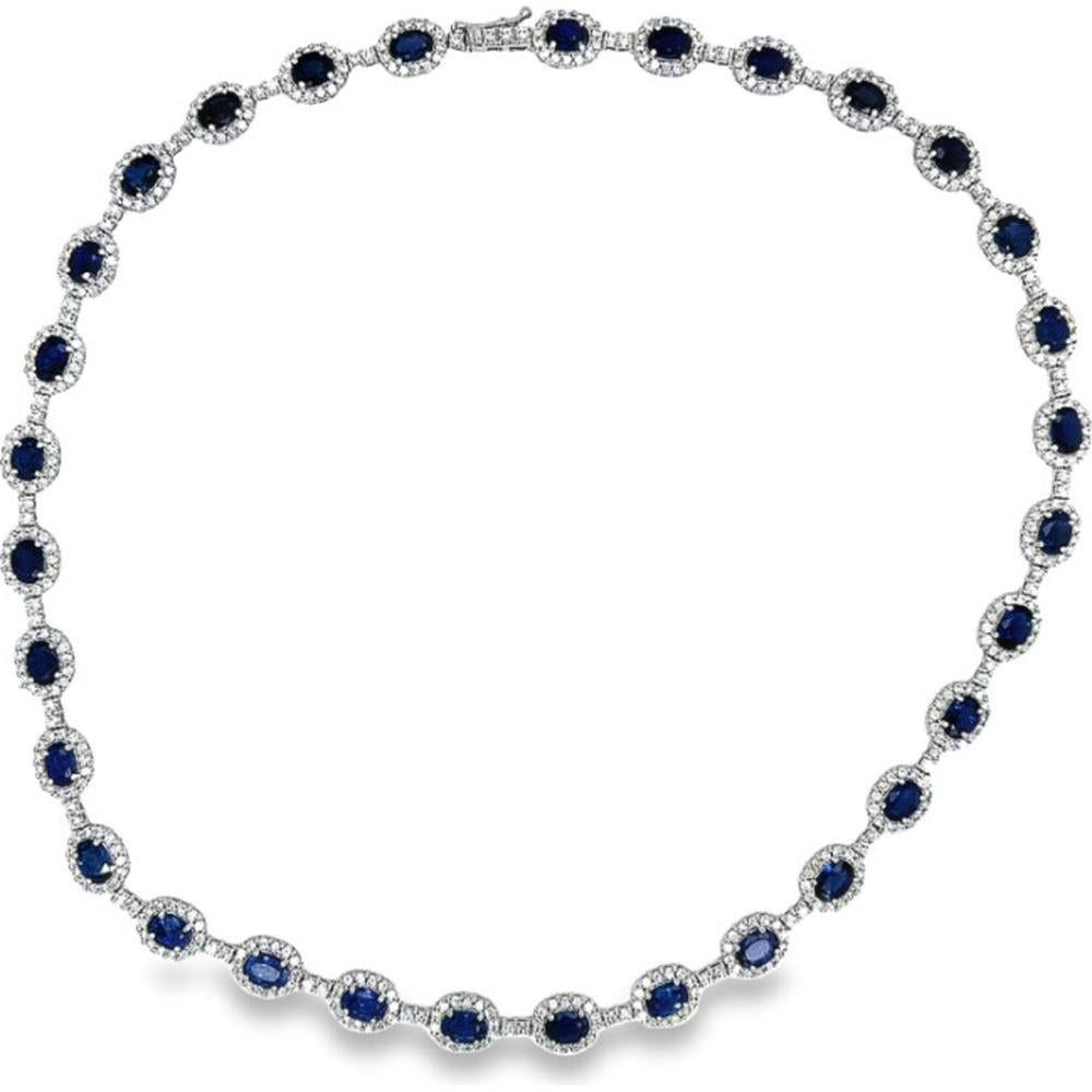18K White Gold Tennis Necklace with Oval Blue Sapphires and Diamond Halo Links by Afarin