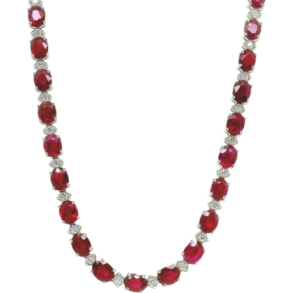 18K White Gold Tennis Necklace with Oval Rubies and Diamond Accents by Afarin