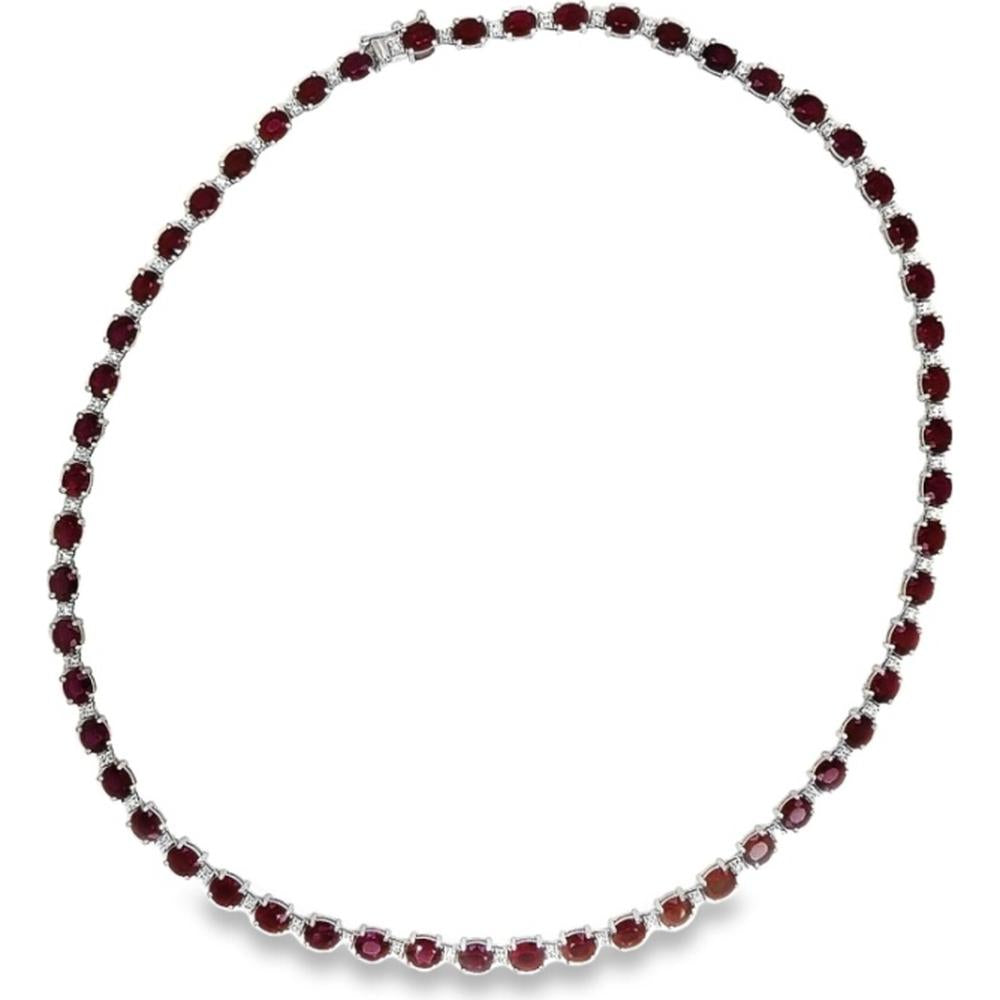 18K White Gold Tennis Necklace with Oval Rubies and Diamond Accents by Afarin