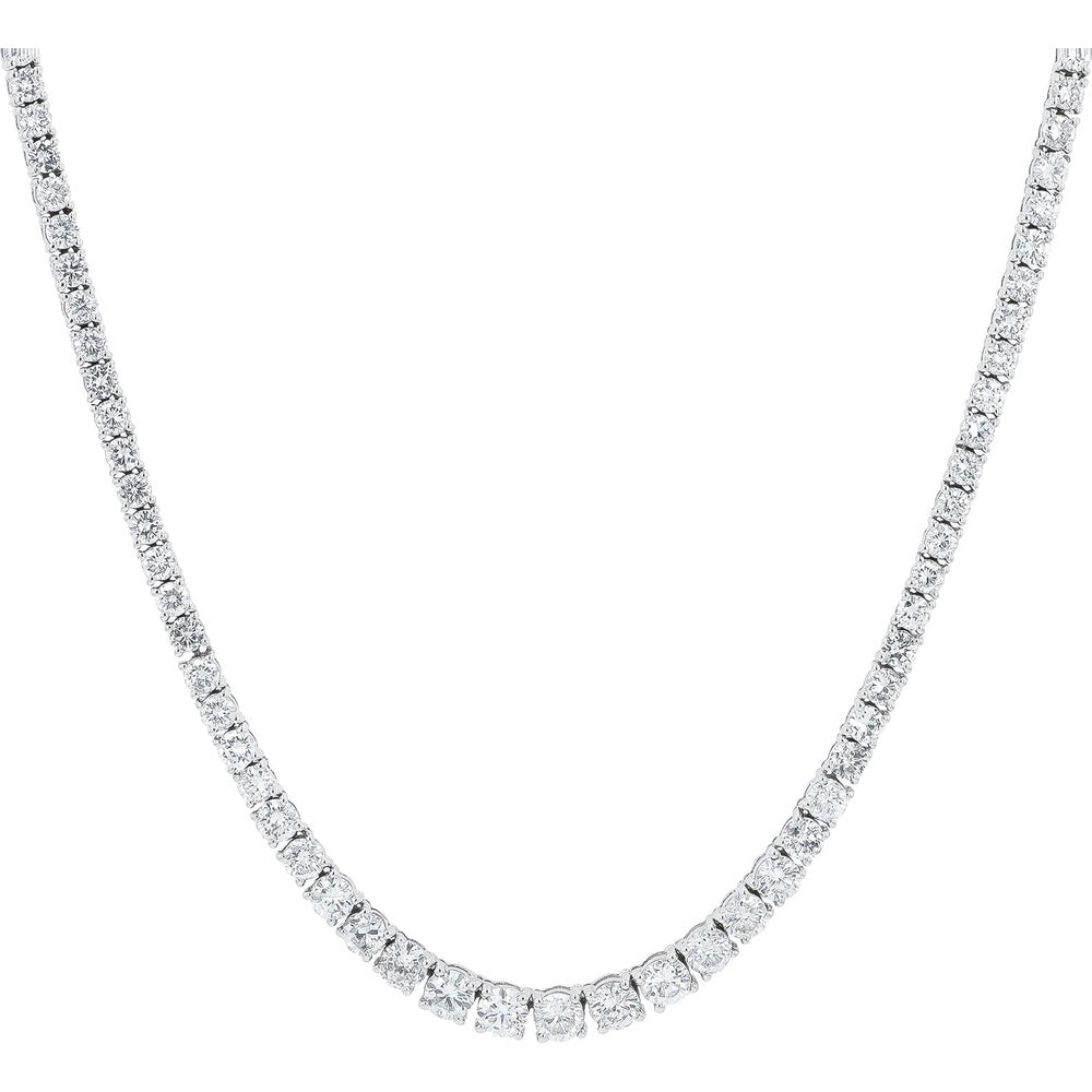 18K White Gold Tennis Necklace with Prong-Set Round Diamonds - 10.02 Carat Total Diamond Weight