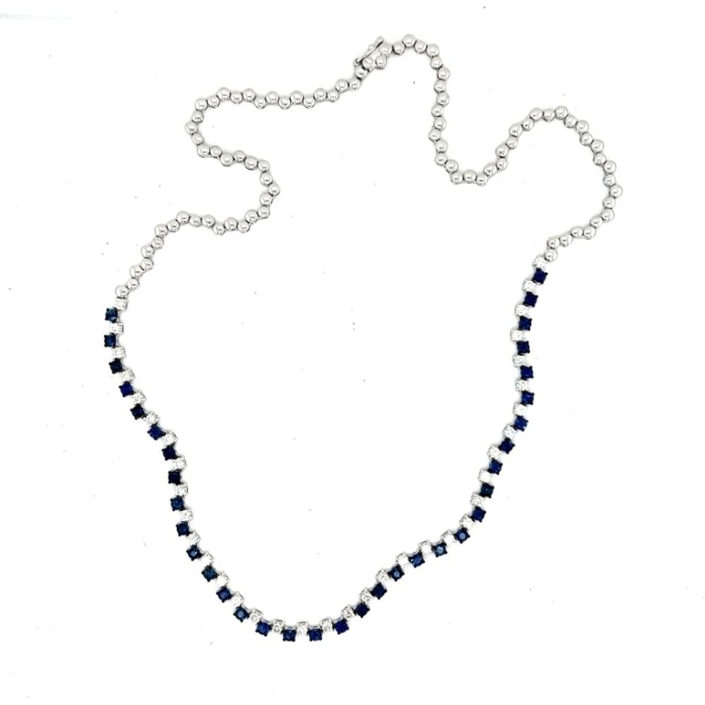 18K White Gold Tennis Necklace with Square Blue Sapphires and Diamond Accents by Afarin