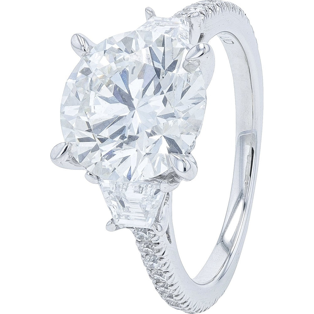 18K White Gold Three-Stone Engagement Ring with 4.00 Carat Round Lab Grown Diamond Center and Baguette Accents - 4.89 Carat Total Diamond Weight