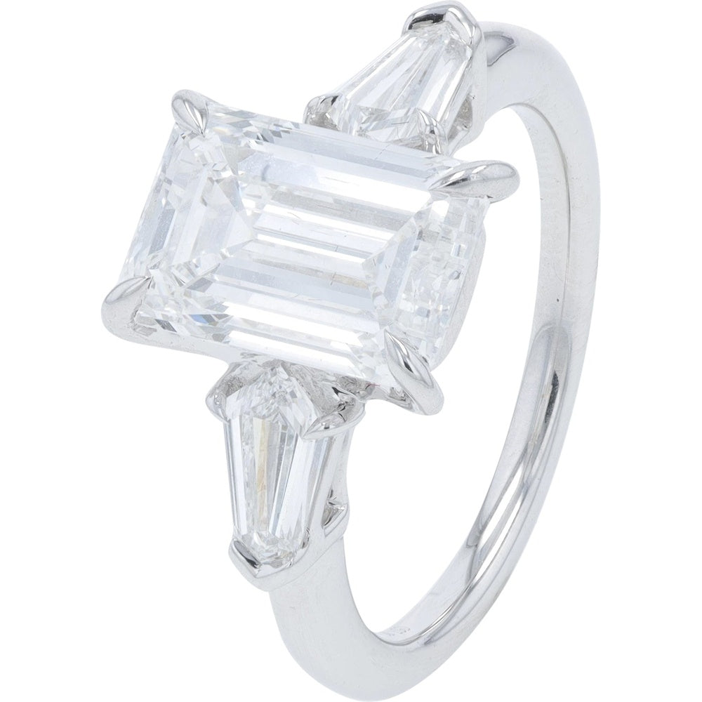 18K White Gold Three Stone Engagement Ring with Oval Lab Grown Diamond and Tapered Baguettes - 4.25 Carat Total Diamond Weight