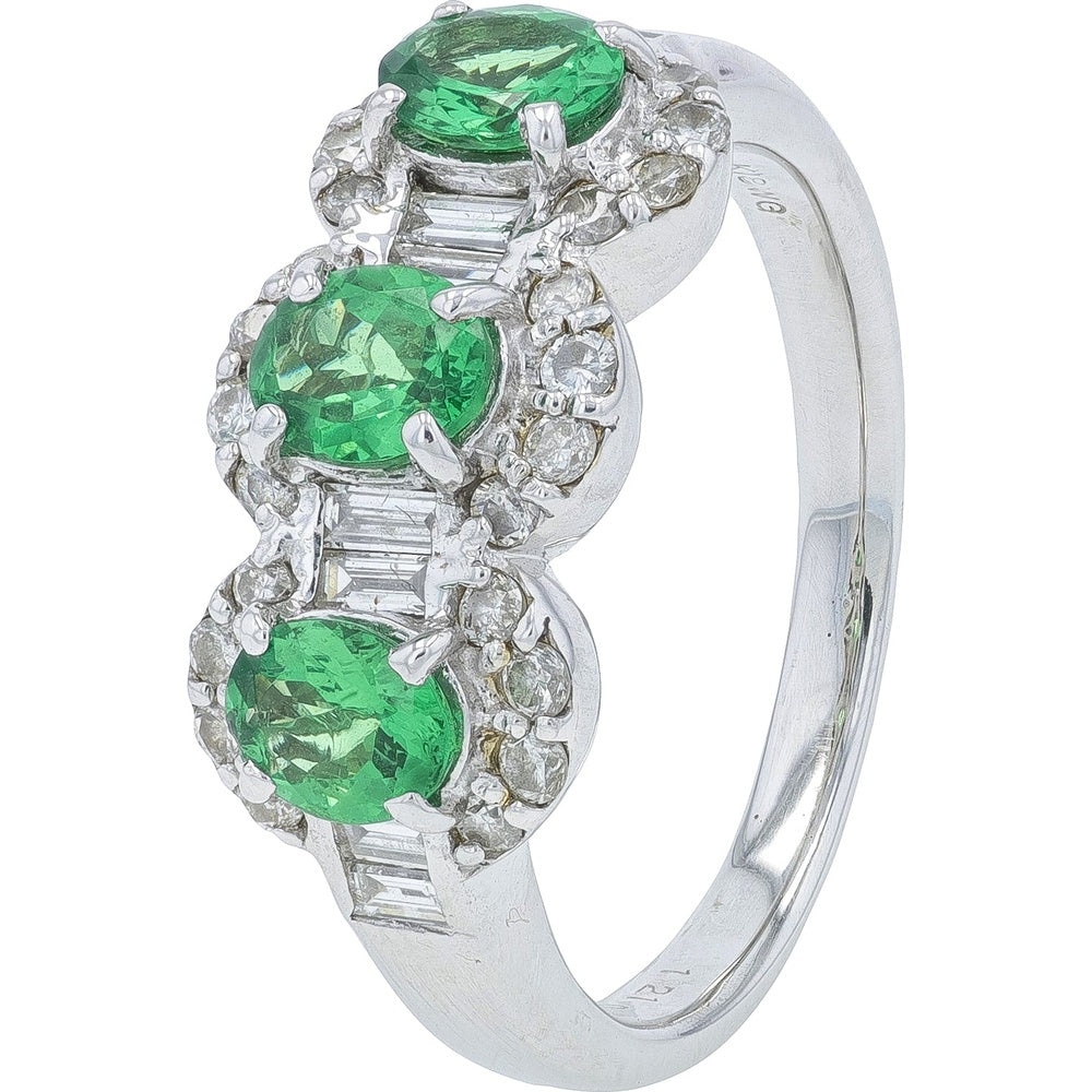 18K White Gold Three-Stone Ring with Oval Tsavorites and Baguette Diamond Accents - 1.21 Carat Total Tsavorite Weight and 0.59 Carat Total Diamond Weight