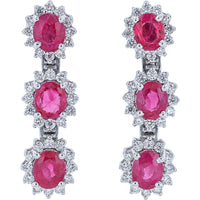 18K White Gold Three-Tier Halo Dangle Earrings with Oval Rubies and Round Diamonds - 2.62 Carat Total Ruby Weight and 0.64 Carat Total Diamond Weight