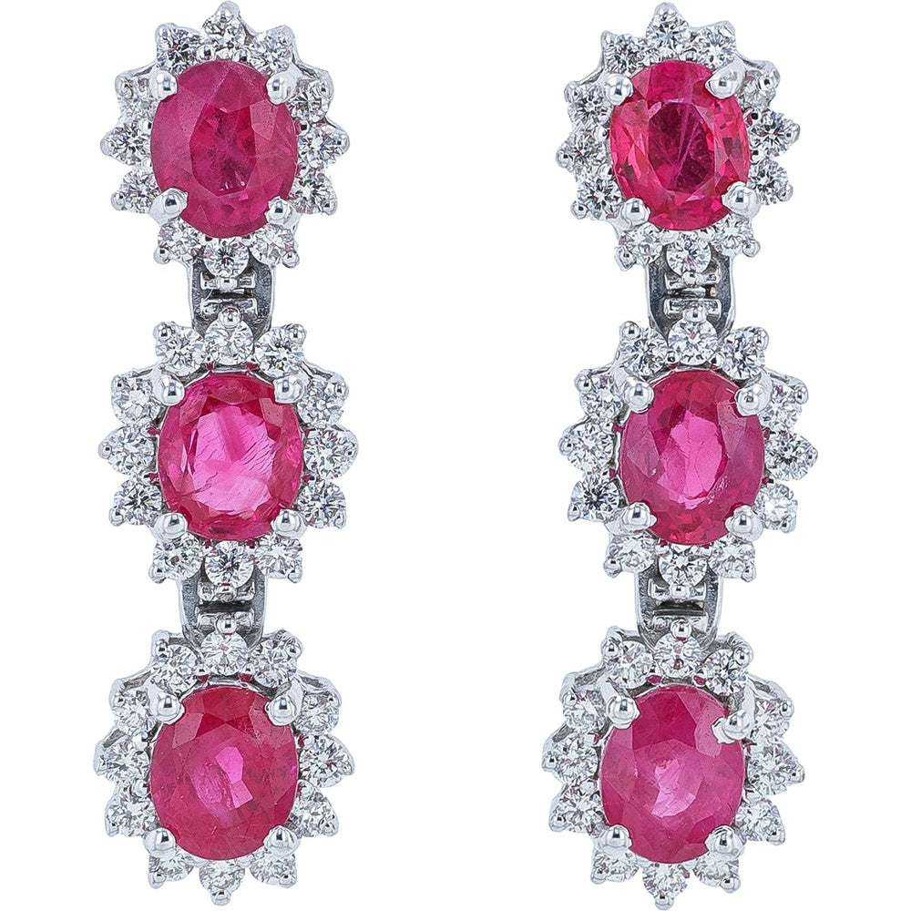 18K White Gold Three-Tier Halo Dangle Earrings with Oval Rubies and Round Diamonds - 2.62 Carat Total Ruby Weight and 0.64 Carat Total Diamond Weight