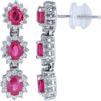 18K White Gold Three-Tier Halo Dangle Earrings with Oval Rubies and Round Diamonds - 2.62 Carat Total Ruby Weight and 0.64 Carat Total Diamond Weight