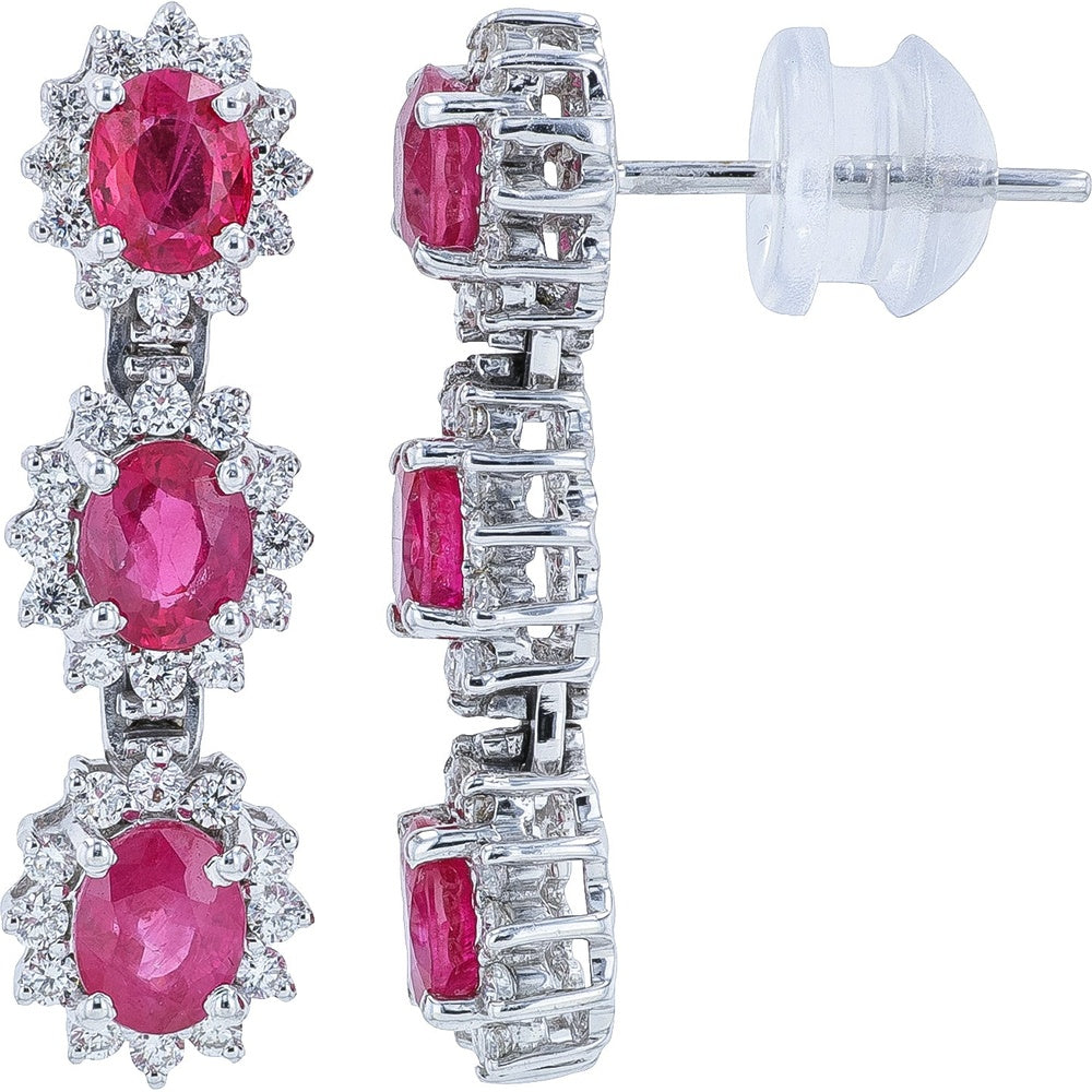 18K White Gold Three-Tier Halo Dangle Earrings with Oval Rubies and Round Diamonds - 2.62 Carat Total Ruby Weight and 0.64 Carat Total Diamond Weight