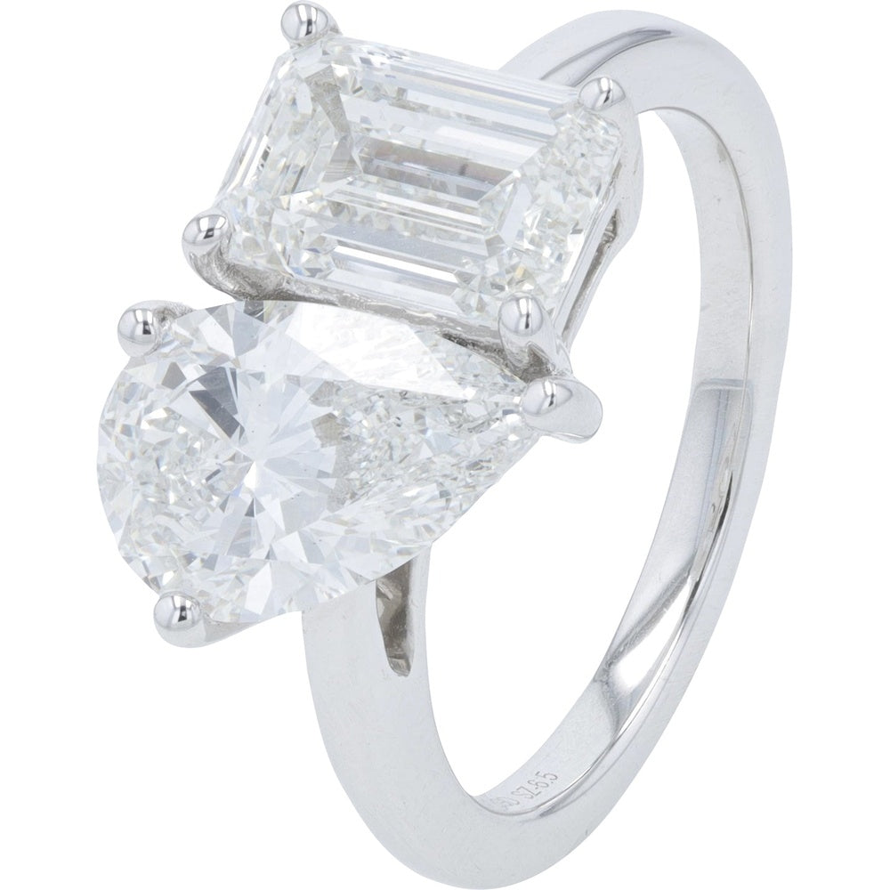 18K White Gold Toi et Moi Engagement Ring with Emerald and Pear Lab Grown Diamonds - 4.00 Carat Total Diamond Weight