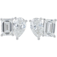 18K White Gold Toi et Moi Stud Earrings with Emerald and Pear Cut Lab Grown Diamonds - 4.00 Carat Total Diamond Weight