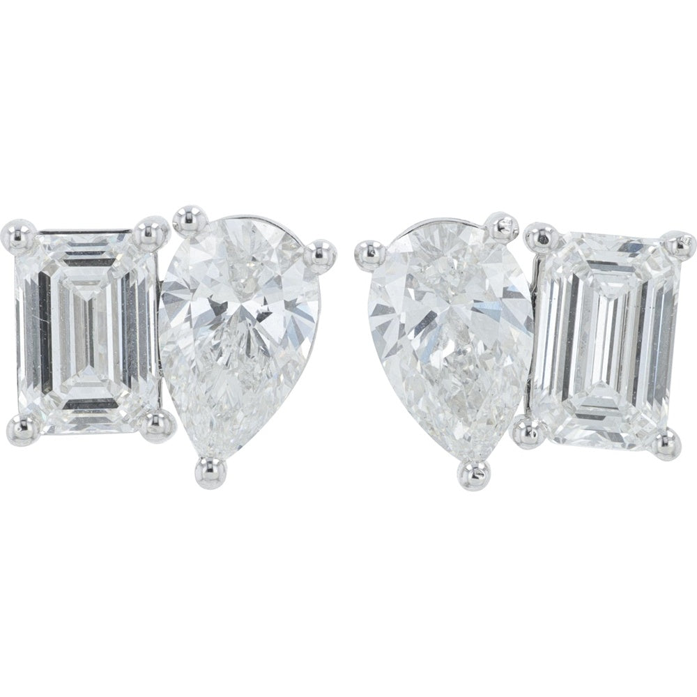 18K White Gold Toi et Moi Stud Earrings with Emerald and Pear Cut Lab Grown Diamonds - 4.00 Carat Total Diamond Weight