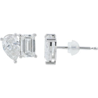 18K White Gold Toi et Moi Stud Earrings with Emerald and Pear Cut Lab Grown Diamonds - 4.00 Carat Total Diamond Weight