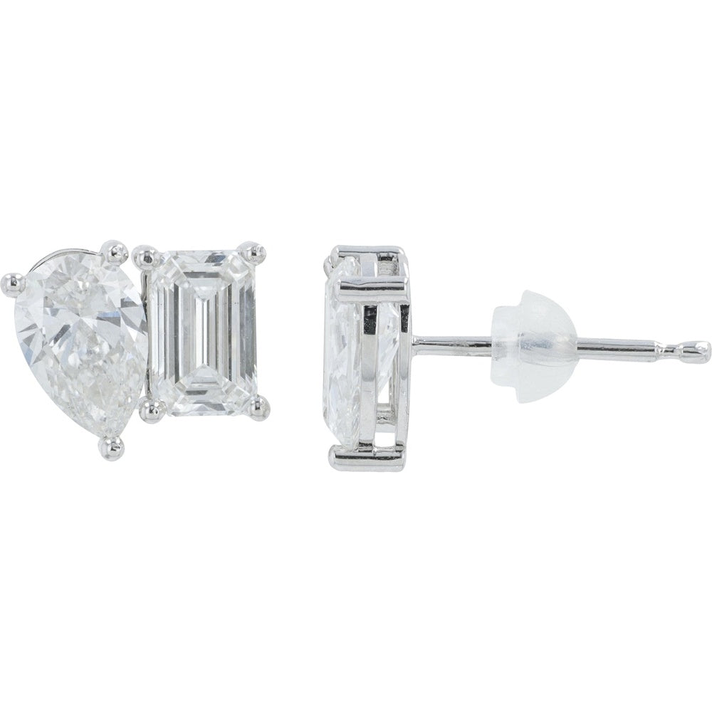 18K White Gold Toi et Moi Stud Earrings with Emerald and Pear Cut Lab Grown Diamonds - 4.00 Carat Total Diamond Weight