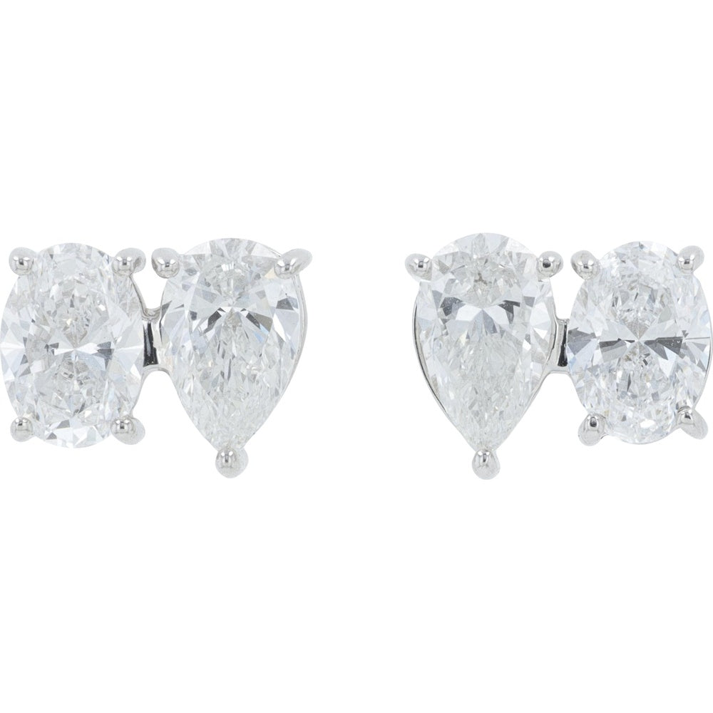 18K White Gold Toi et Moi Stud Earrings with Oval and Pear Cut Lab Grown Diamonds - 2.00 Carat Total Diamond Weight