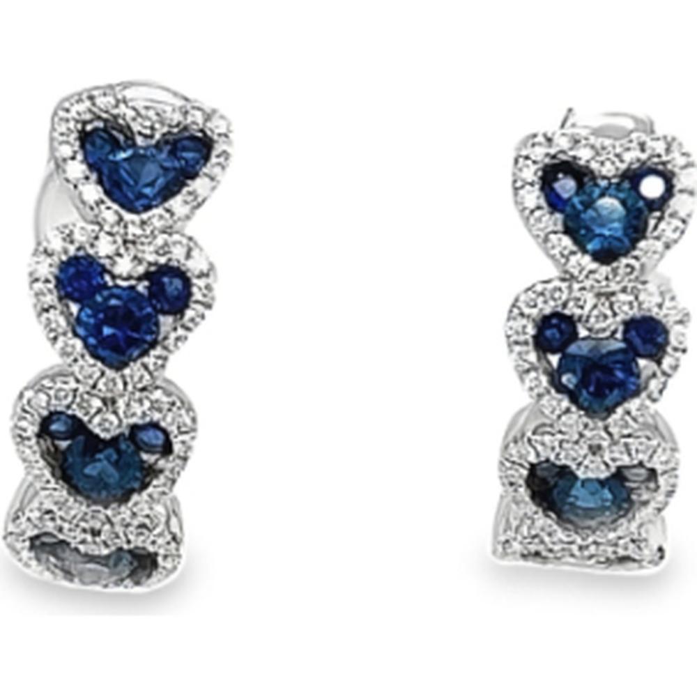 18K White Gold Triple Heart Drop Earrings with Blue Sapphires and Diamond Halos by Afarin