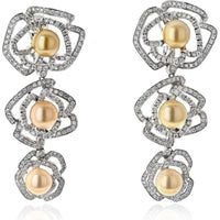 18K White Gold Triple Pearl and Diamond Floral Motif Drop Earrings - 8.30 Carat Total Diamond Weight