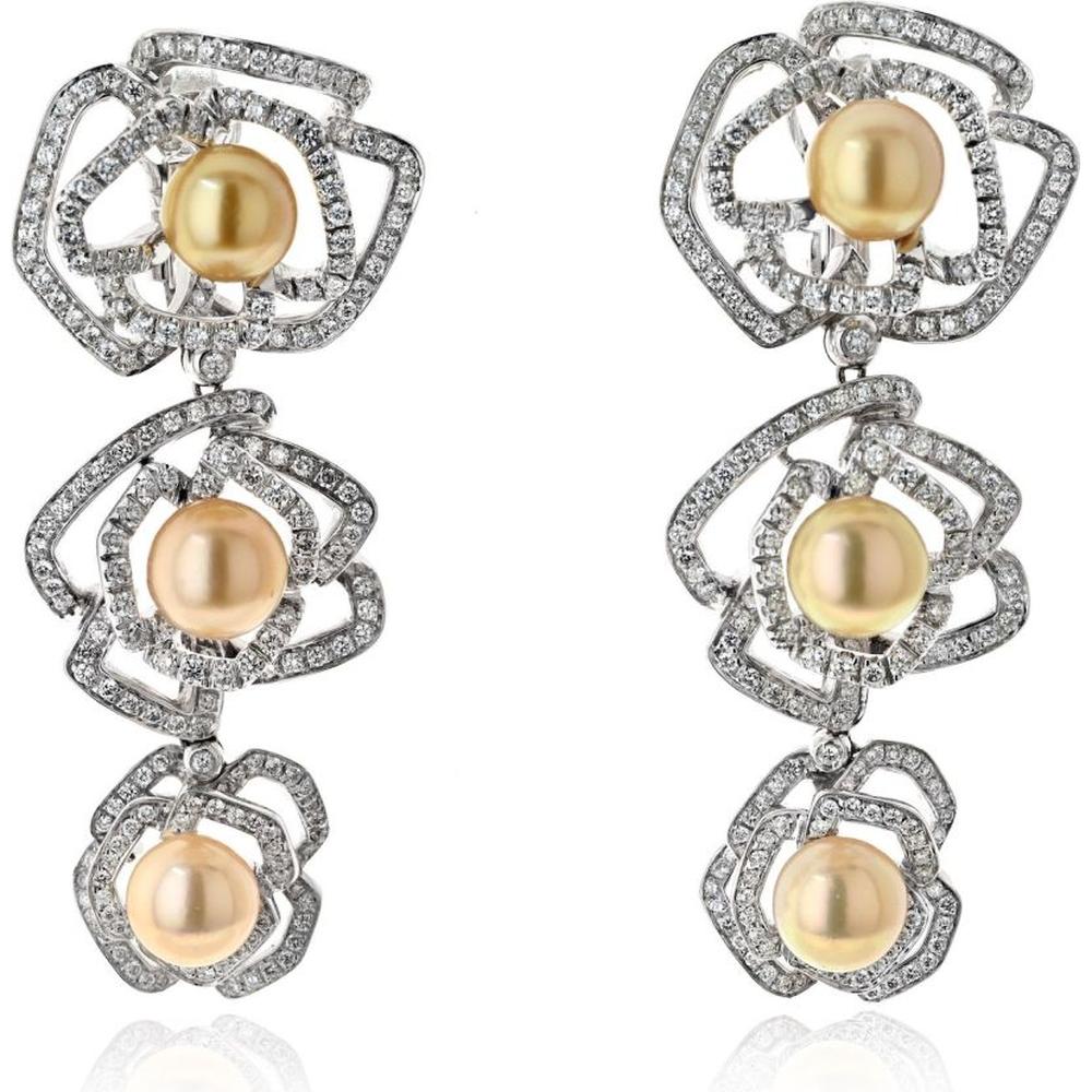 18K White Gold Triple Pearl and Diamond Floral Motif Drop Earrings - 8.30 Carat Total Diamond Weight