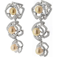 18K White Gold Triple Pearl and Diamond Floral Motif Drop Earrings - 8.30 Carat Total Diamond Weight